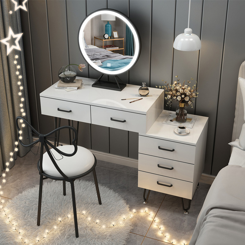 Black 70 Table + Three Color LED Mirror + Chair + CabinetNorthern Europe dresser bedroom Internet celebrity Ins wind Modern simplicity Large-sized apartment Dressing table female small-scale dresser With lamp