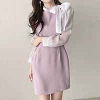 Весенний приталенный корсет с бантиком, короткое платье, в корейском стиле, длинный рукав, с акцентом на бедрах