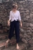 Hàn quốc phiên bản của bộ nữ mùa hè ăn mặc màu rắn đơn giản chéo tie nửa tay áo T-Shirt + lỏng eo cao hoang dã chín điểm chùm quần