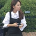 2017 mùa hè mới sinh viên Hàn Quốc phiên bản của lỏng mỏng đứng cổ áo hoang dã bong bóng tay áo cardigan dài tay áo sơ mi nữ sơ mi tay phồng Áo sơ mi