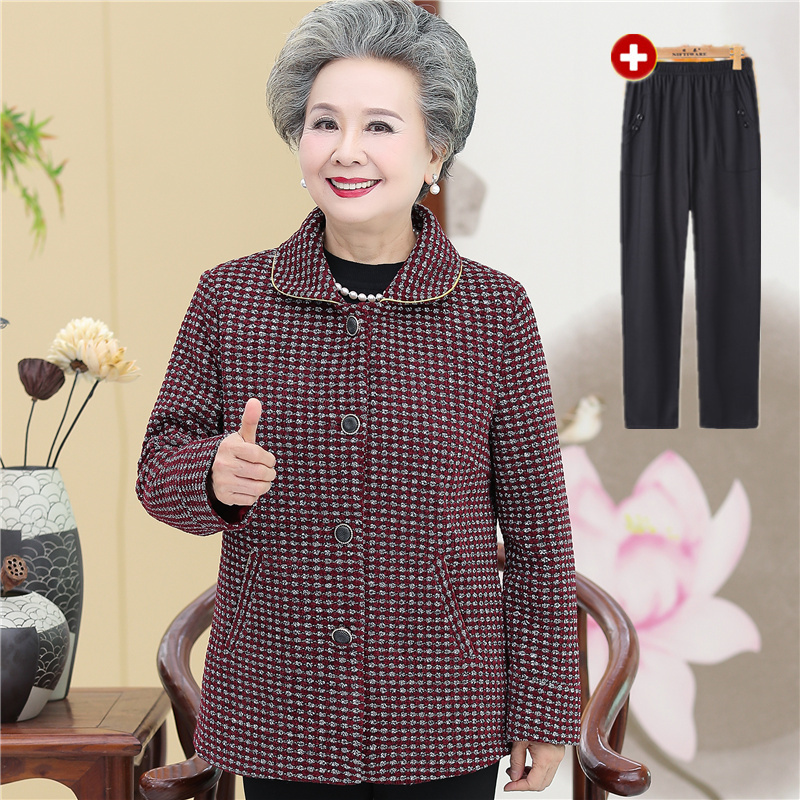 Red Coat + TrousersMiddle aged and old people spring and autumn loose coat female old age mom spring clothes jacket Granny Costume suit the elderly clothes Long sleeve