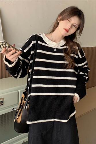 Side split 2021 large sweater new women's loose Korean medium and long round neck cover colorful striped sweater