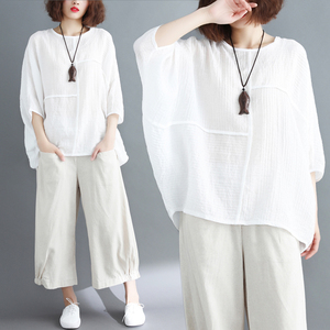 Kích thước lớn của phụ nữ mùa hè ăn mặc chất béo mm khâu rắn màu bat tay áo loose bìa bụng mỏng cotton áo sơ mi nữ t-shirt