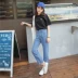 Mùa hè hoang dã chín điểm quần jeans ống rộng cạp cao eo cao tám điểm sinh viên F gió Hàn Quốc - Quần jean