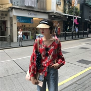 Hàn Quốc 2018 phụ nữ mới retro đèn lồng tay áo v- cổ duy nhất- ngực hoa ngọn lỏng giảm béo hoang dã áo sơ mi