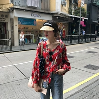 Hàn Quốc 2018 phụ nữ mới retro đèn lồng tay áo v- cổ duy nhất- ngực hoa ngọn lỏng giảm béo hoang dã áo sơ mi áo sơ mi nữ công sở