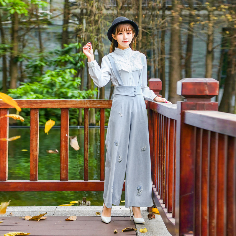 现货缘来是芳华2019春季新款女装复古绣花吊带裤修身背带裤阔腿裤