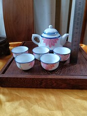 Чайный набор 九十年代景德镇瓷 手绘花卉 青花釉里红 茶具套装茶杯