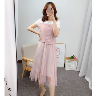 韩版中长款显瘦假两件网纱亮丝拼接连衣裙