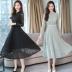 Xuân-Hè 2019 Phụ nữ mới phiên bản Hàn Quốc của váy ren đầu gối Mỏng mỏng tay dài dáng đứng Một chiếc váy chữ - A-Line Váy