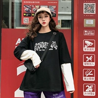 Mùa thu mới phiên bản Hàn Quốc của bộ đồ giả hai mảnh lỏng lẻo khâu tay dài in chữ kiểu áo phông nữ áo phông trơn