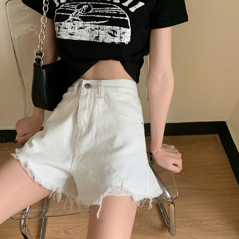 Denim shorts for women, 2022 summer new ripped high-waisted pants, slimming loose wide-leg A-line super hot pants on Instagram details Picture