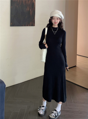 taobao agent Knitted knitted dress, colored long skirt, high collar, suitable for teen, Korean style, slim fit, mid-length, maxi length