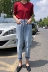 Quần âu phụ nữ đầu mùa thu phụ nữ mới của Hàn Quốc phiên bản của eo cao rửa lỗ jeans rộng chân chín quần củ cải quần thủy triều quần bò ống rộng nữ Quần jean
