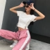 Phụ nữ Hàn Quốc mùa hè bên dây đai mỏng giảm béo đoạn ngắn rốn ngắn tay t- shirt + pink chín- điểm thể thao quần phù hợp với