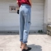 Quần âu phụ nữ đầu mùa thu phụ nữ mới của Hàn Quốc phiên bản của eo cao rửa lỗ jeans rộng chân chín quần củ cải quần thủy triều quần bò ống rộng nữ Quần jean