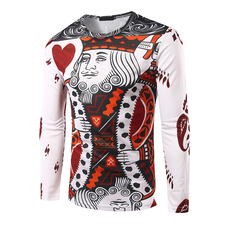 新款酷炫个性扑克牌红桃老k印花时尚男士3d长袖t恤 ct121