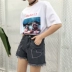 Mùa hè ăn mặc Hàn Quốc phiên bản của cá tính tình yêu thêu lỏng jeans viền quần chân rộng cao eo quần thẳng quần short triều