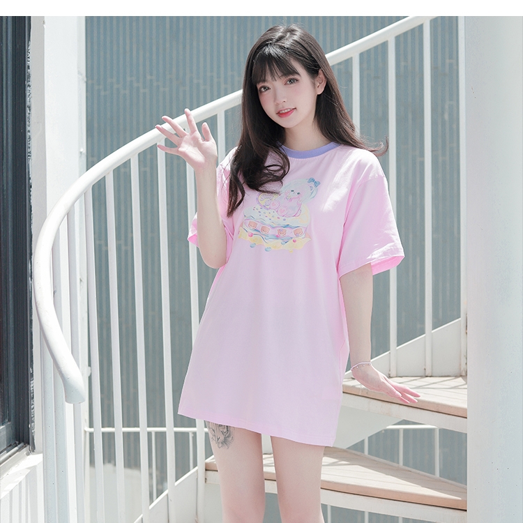 Pink & Longcat  Bear Soft candy T-shirt Can of cat Lolita original Bare sweet lovely Lolita Short sleeve Crew neck pure cotton