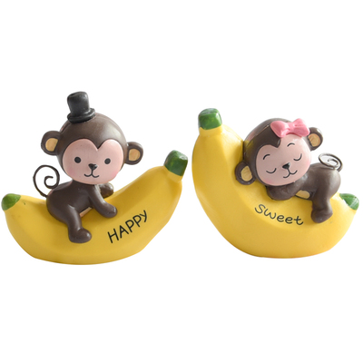 香蕉猴子对装树脂蛋糕摆件