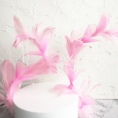 粉色珍珠蕾丝仙女羽毛蛋糕装饰