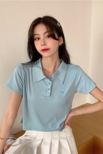 Short sleeve 2021 new women's summer love embroidery Polo neck slim spice girl short T-shirt Korean chic top