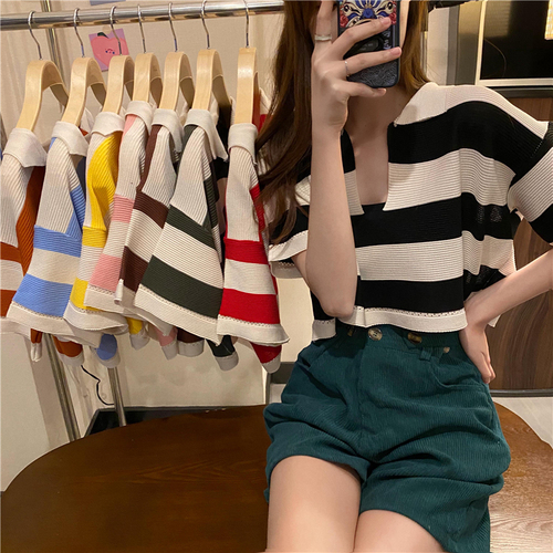 Contrast stripe V-neck short sleeve Pullover loose, wear foreign style small short T-shirt
