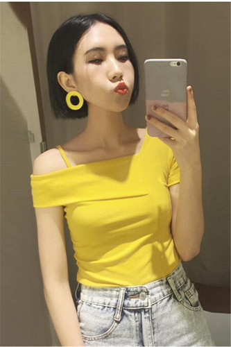 Sexy one-word collar-shoulder jacket, Summer Short Sleeve Cotton yellow T-shirt