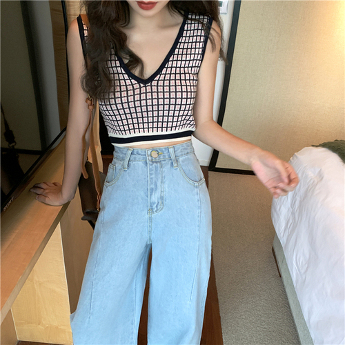 2021 color contrast knitted suspender Plaid vest with thin sleeveless top