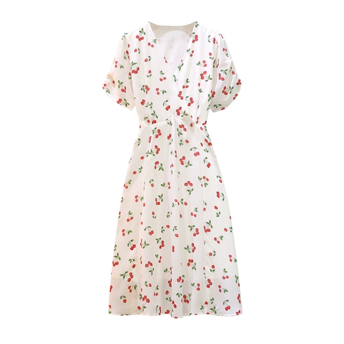 Летнее длинное платье, большой размер, коллекция 2023, подходит для полных девушек, по фигуре, V-образный вырез, короткий рукав, в цветочек