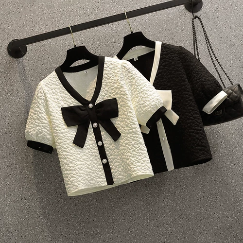 Летняя рубашка с бантиком, штаны, комплект, большой размер, коллекция 2022, подходит для полных девушек, короткий рукав, эластичная талия