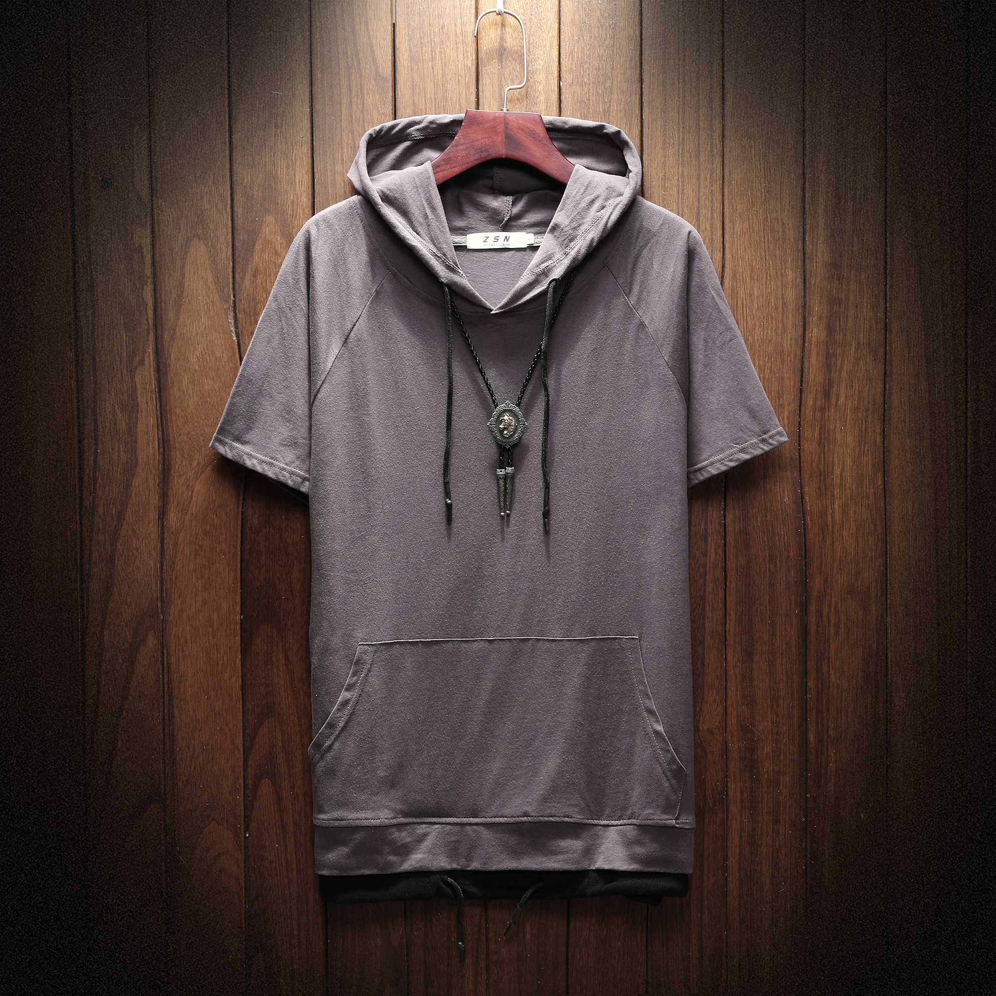 街头流行复古风假两件落肩短袖连帽男女情侣款帽衫木板风t915-p40