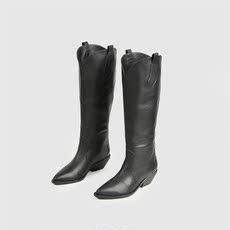 Западные Boots 2023年秋冬新款时尚真皮不过膝尖头长靴 复古黑色粗跟高筒西部靴