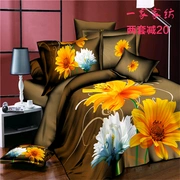 3d phiên bản lớn bốn bộ da bông giường màu vàng tối lớn hoa khăn trải giường quilt hoa hồng trắng