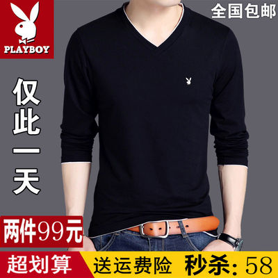 Playboy Mùa Xuân và Mùa Thu Nam Dài Tay Áo T-Shirt Cotton Mỏng Nam Đứng Cổ Áo Slim Trung Niên T-Shirt Áo Sơ Mi Áo phông dài