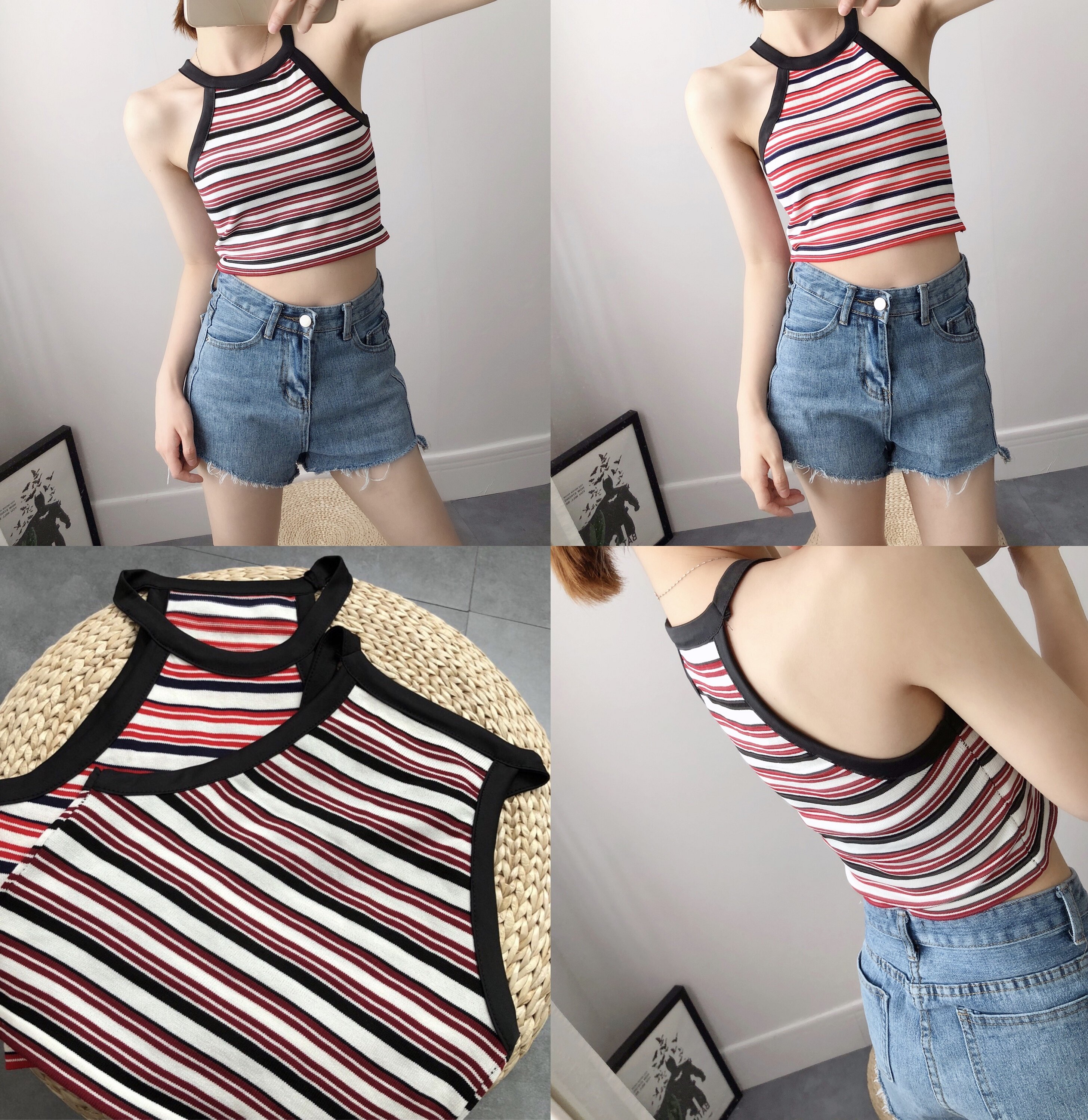 实拍chin小清新复古针织条纹短款吊带小背心