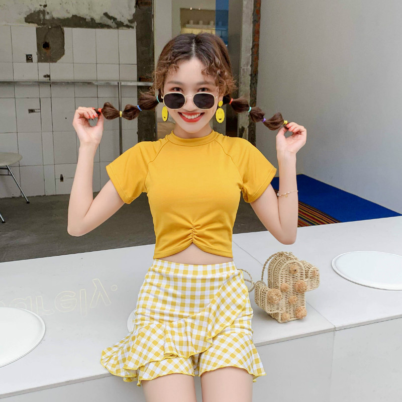 Yellow 80942021 new pattern Swimsuit female Split body Two piece set Skirt style Flat angle conservative Show thin student Ins wind hot spring Swimming suit