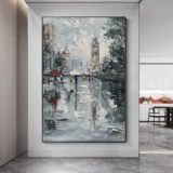 Ручная картина маслом ручной картины Парижская улица Дождь, свет, черный белый тихий диван диван