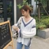 Xuân 2018 phiên bản Hàn Quốc mới của áo cổ chữ V kết hợp áo len rộng thời trang hoang dã áo len dài tay áo thun nữ sinh viên
