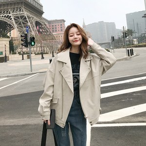 2018 đầu mùa thu mới chic đầu máy pu leather quần áo nữ Hàn Quốc phiên bản của lỏng thường dài tay áo khoác da ngắn áo triều