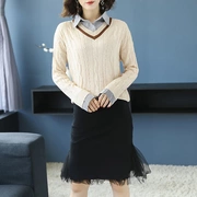 Áo len cổ lọ giả nữ hai dây 2019 phiên bản Hàn Quốc mới của áo sơ mi dài tay mùa thu buông lỏng đan đáy áo - Áo / áo thun