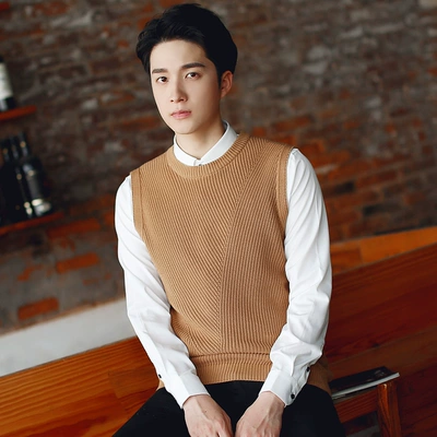 Không tay áo thun áo len áo gi lê người đàn ông Hàn Quốc ôm cổ tròn áo len vest thanh niên rắn màu bông áo len áo vest nam Dệt kim Vest