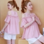 Phụ nữ mang thai t-shirt mùa hè Hàn Quốc thời trang dễ thương thai sản dress hồng áo sơ mi đoạn ngắn bông phụ nữ mang thai búp bê phù hợp với đầm bầu giá rẻ
