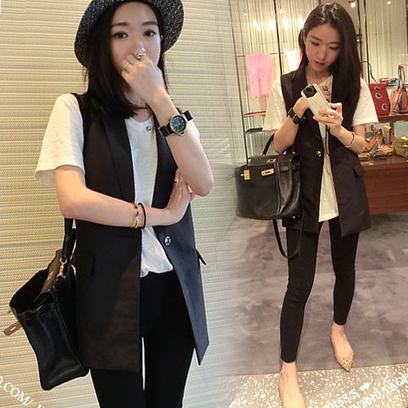 2018 mùa xuân và mùa thu mới của Hàn Quốc phiên bản của vest của phụ nữ cơ thể mỏng màu đen dài tay phù hợp với cổ áo vest vest