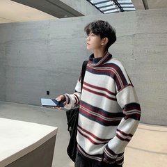 高領毛衣男韓版潮流個性時尚ins港風寬鬆bf慵懶風百搭條紋針織衫