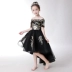 Đầm trẻ em một bên vai công chúa váy cô gái lông đen chủ nhà biểu diễn catwalk