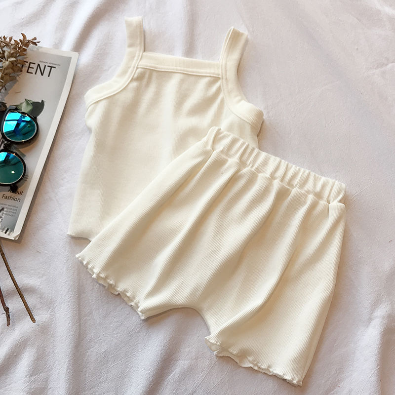 13M WhiteChildren's wear 2021 summer new pattern children lattice suit girl baby Foreign style wing Halter tops shorts Two piece set