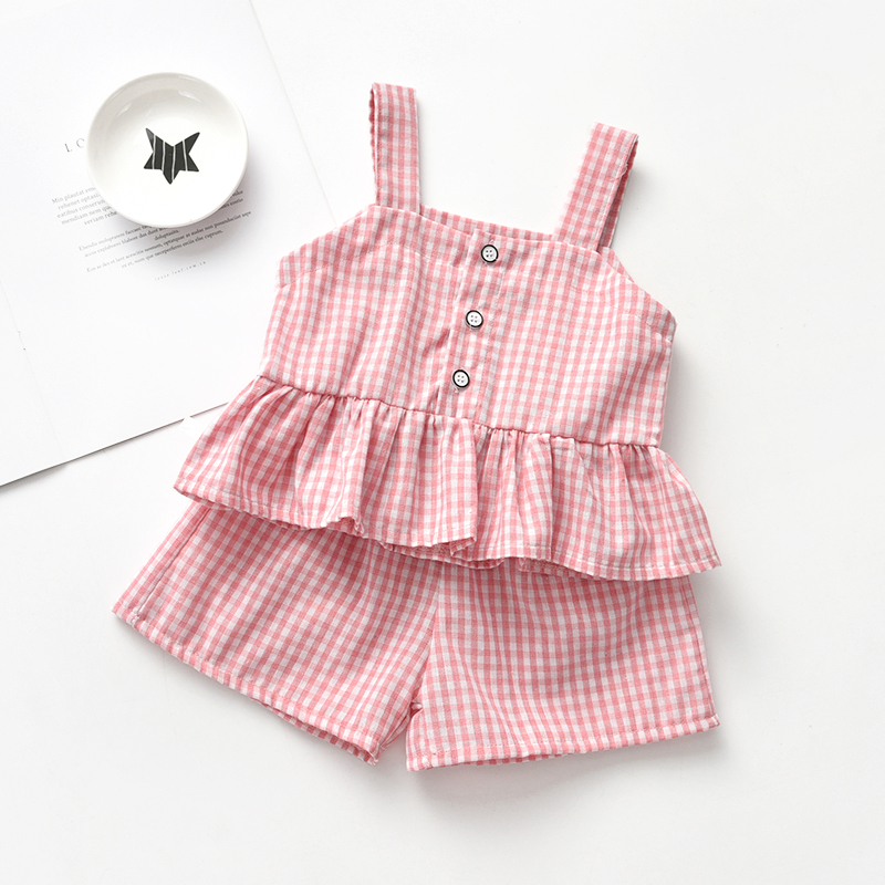 Light PinkChildren's wear 2021 summer new pattern children lattice suit girl baby Foreign style wing Halter tops shorts Two piece set