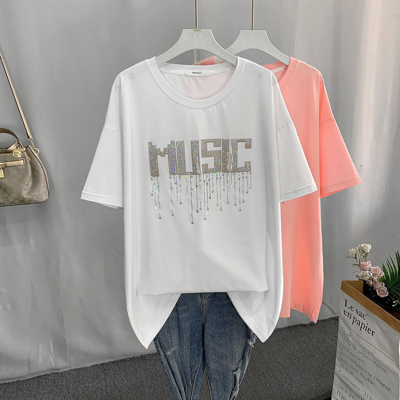 WhiteMedium and long term Short sleeve T-shirt female summer new pattern easy Korean version pure cotton Crew neck letter Embossing Half sleeve student jacket