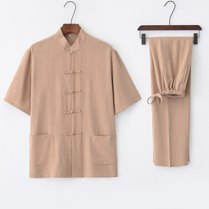 唐装男短袖套装棉麻夏汉服居士服
